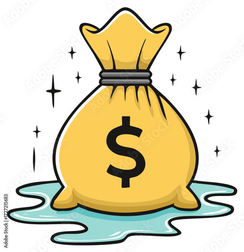 Money bag with dollar symbol overflowing with liquid, wealth symbol