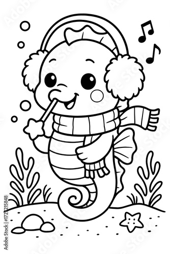Winter seahorse wearing earmuffs and scarf blowing bubbles illustration