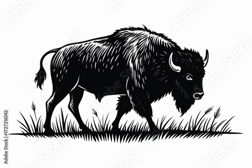 Black and White Illustration of a Bison Walking Through Grass on a White Background