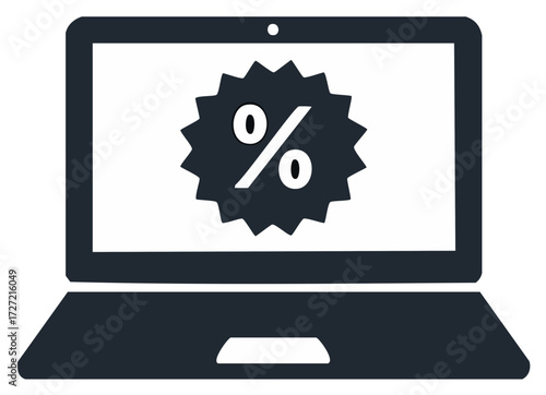 Laptop computer with a percentage sign icon for online shopping sales and discounts