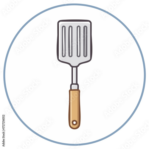 Illustrated kitchen spatula with wooden handle inside a blue circle graphic