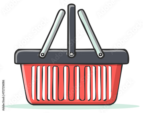 Colorful cartoon-style shopping basket with red stripes and gray handle - market, store, shopping