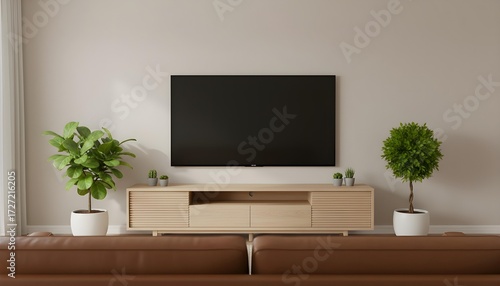 Modern Minimalist Living Room Interior Design Featuring Sleek Wall Mounted Television Entertainment Console Cabinet Two Potted Green Plants
