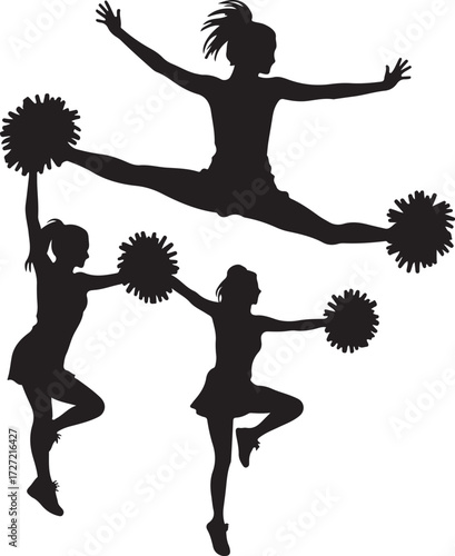 Three cheerleaders in silhouette with pom poms cheerleading