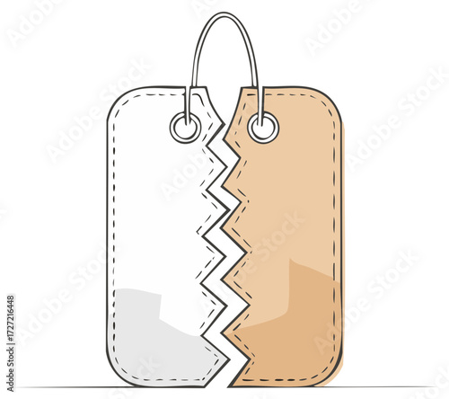 Hand drawn illustration of a broken price tag torn in half with jagged edges