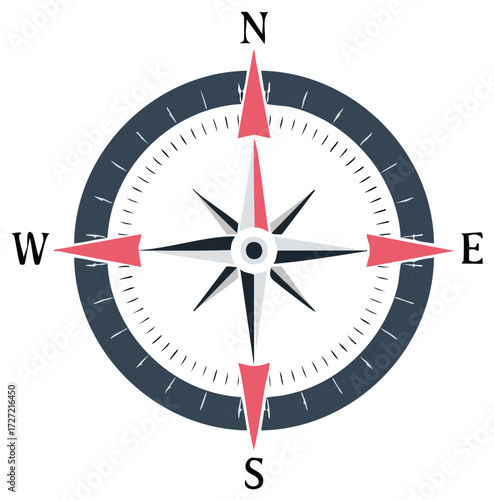Modern minimalist compass rose vector illustration with cardinal directions and pointers for navigation travel