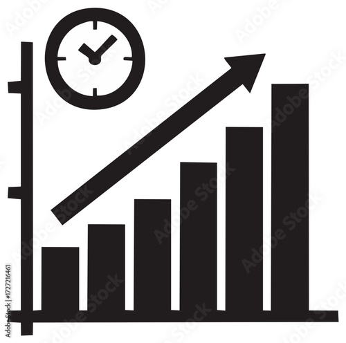 Business growth and time management icon showing increasing success and productivity on a statistical bar graph