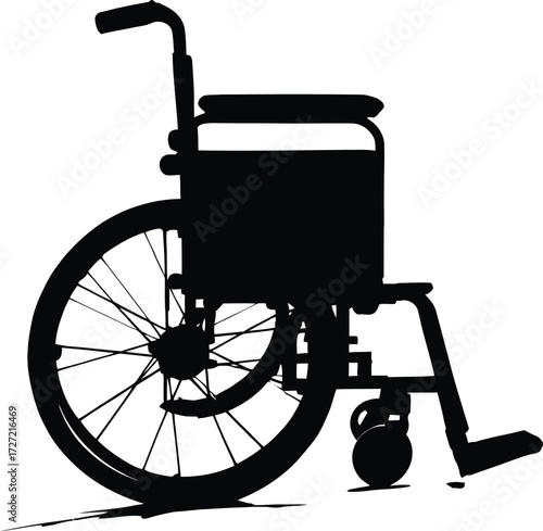 Wheelchair Silhouette Vector Featuring Large Rear Wheels, Footrest, and Push Handles in Black and White Line Art Style