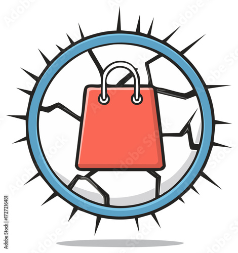 Red shopping bag trapped inside cracked spiked circle retail market challenges concept illustration
