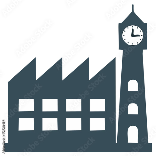 Stylized industrial building with gabled roofs and a clock tower displays the time, a simple illustration with geometric shapes