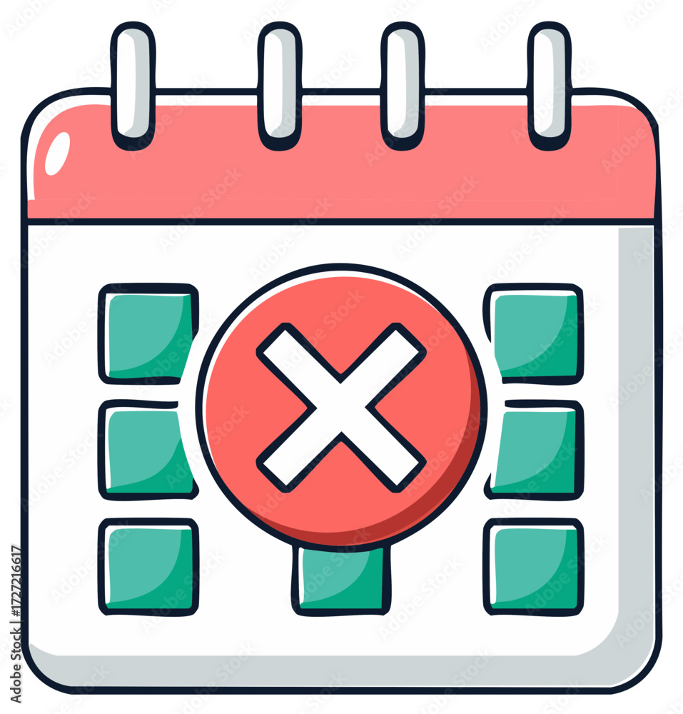 Obraz premium Cartoon calendar with a red cancel icon representing deadline, reminder or cancelled event