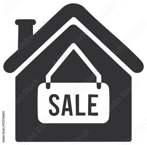 Stylized house icon with a sale sign hanging from the roof for real estate transactions