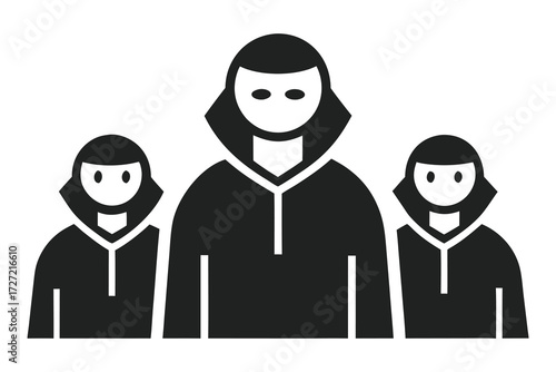 Black Silhouette Illustration of Three Figures with Hoods and Blank Faces on White Background