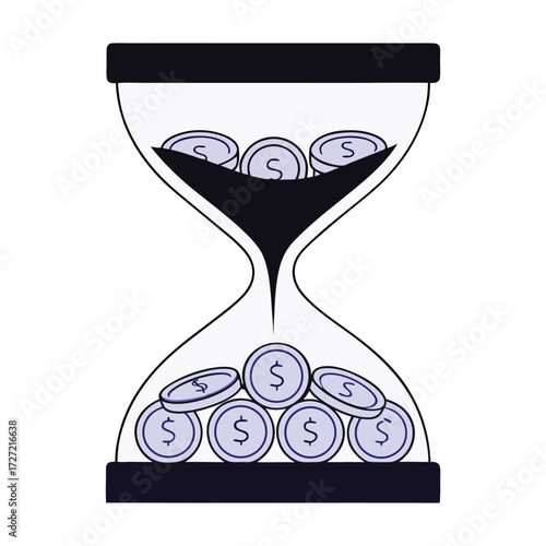 Hourglass filled with coins symbolizing time is money concept for finance and investment