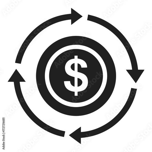 Black Silhouette of a Dollar Coin Surrounded by Circular Arrows on a White Background