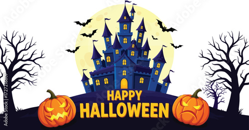 Spooky halloween castle with pumpkins and bats against a full moon sky