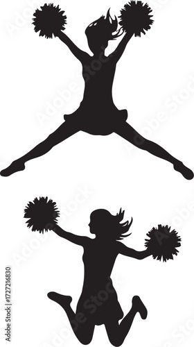 Two black silhouette cheerleaders jumping with pom poms