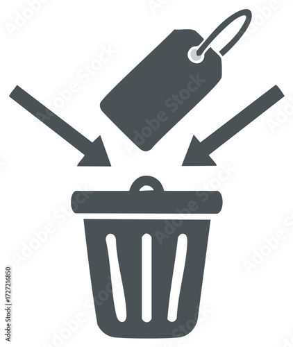 Price tag being thrown into a trash can with downwards arrows around it