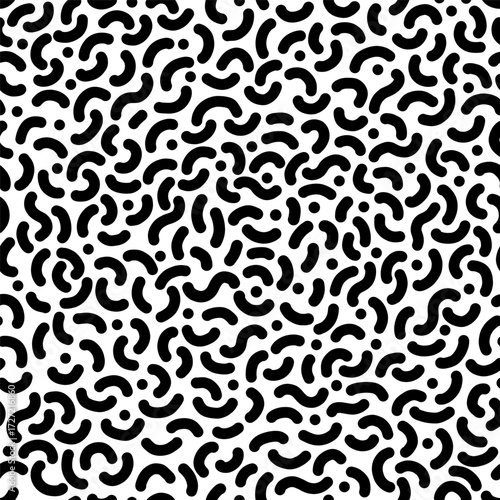 Black and white curved lines and dots seamless pattern. Line hand drawn black and white texture.
