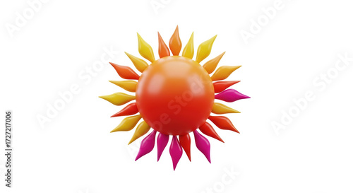 Isolated 3D render of a radiant sun with vibrant yellow, orange, and pink rays, warm icon