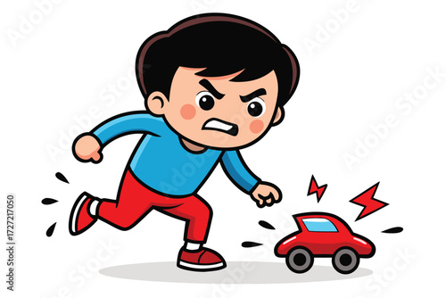 Cartoon Boy Chasing a Broken Red Toy Car in Anger, Expressing Frustration