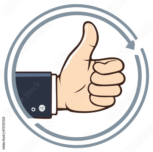 Professional hand giving thumbs up gesture within a circular arrow representing approval success and cycle