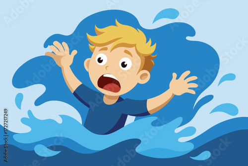 Cartoon Boy Flailing Arms in Water, Looking Scared and Drowning with Open Mouth