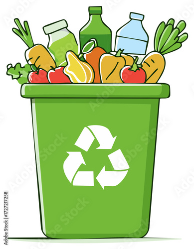 Green recycling bin full of food waste, vegetables, and bottles for composting and sustainability concept