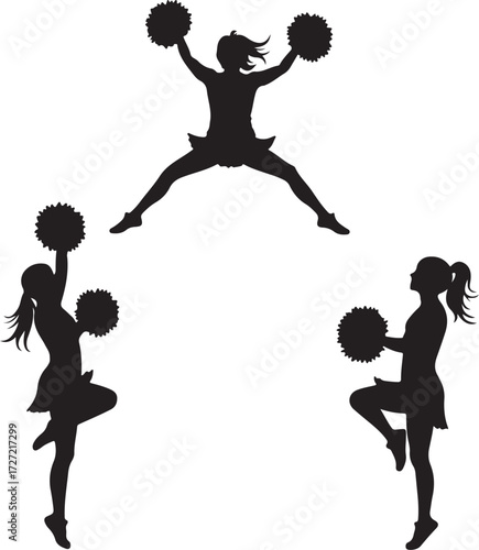 Three cheerleaders in silhouette with pom poms cheerleading