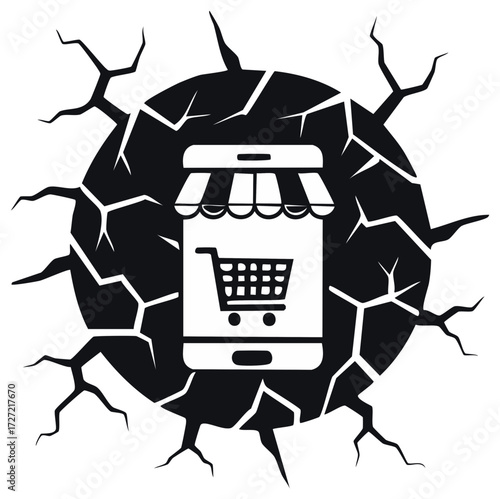 Smartphone with shopping cart symbol and cracked planet symbol
