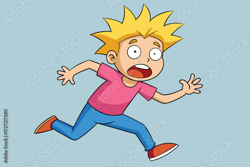 Cartoon Boy Running Scared with Wide Eyes and Open Mouth on Light Blue
