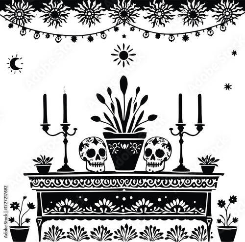 Day of the Dead Altar Vector Featuring Decorated Skulls, Candles, Plants, and Celestial Symbols in Black Line Art Style