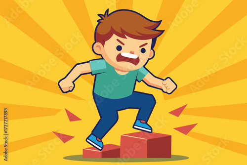 Cartoon Boy with Angry Expression Steps Up on Red Cubes Against Yellow Background