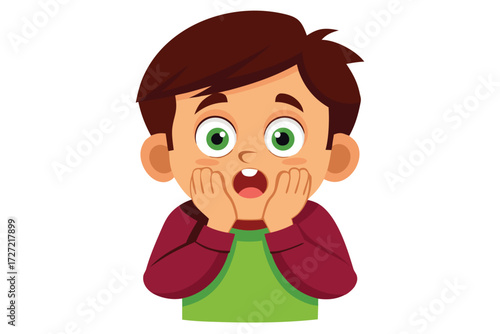 Cartoon Boy WideEyed in Surprise with Hands on Face, Expressing Shock