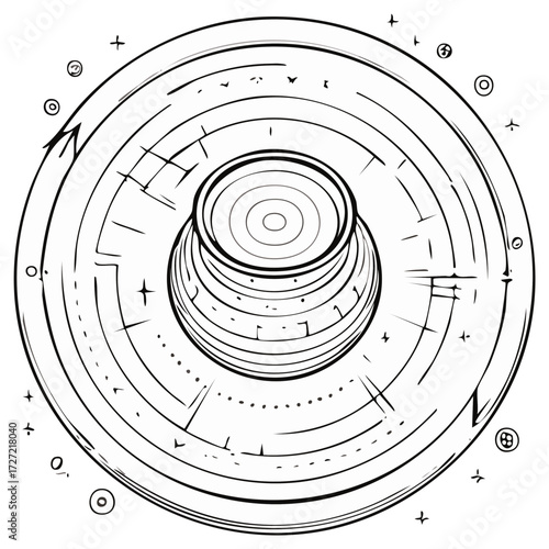 Abstract Circular Line Drawing Concentric Rings Cosmic Symbols