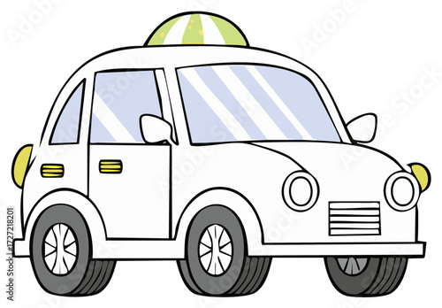 Cute cartoon white car with a striped dome roof and yellow headlights