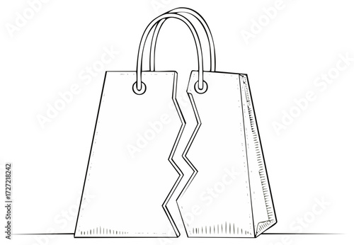 A simple line art drawing of a shopping bag torn in half vertically