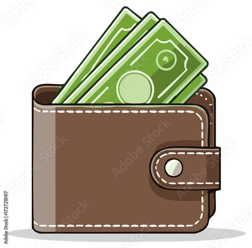 Stylized brown wallet with multiple green cash bills sticking out, depicting money and financial savings.