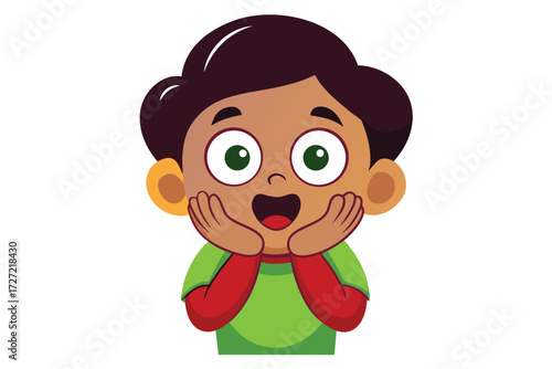 Cartoon Boy With Surprised Expression Holding Cheeks Wearing Green and Red Shirt