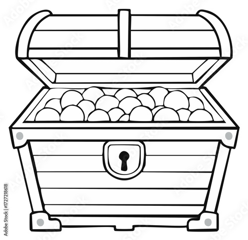 Open treasure chest with treasure inside, vector illustration