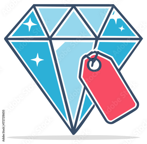 Diamond Gemstone Icon with Tag Flat Illustration Value Price Concept