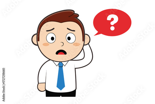 Cartoon Businessman Questioning with Hand to Head and Red Question Mark Bubble