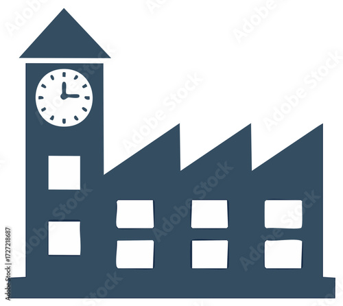 Industrial Building with Clock Tower, Icon, City Landmark, Vector Illustration