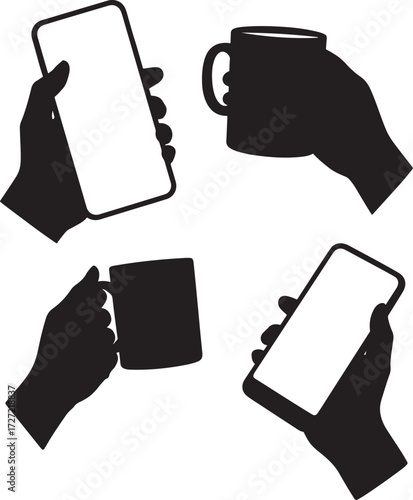 Collection of four black hand silhouettes holding smartphones and coffee cups silhouette