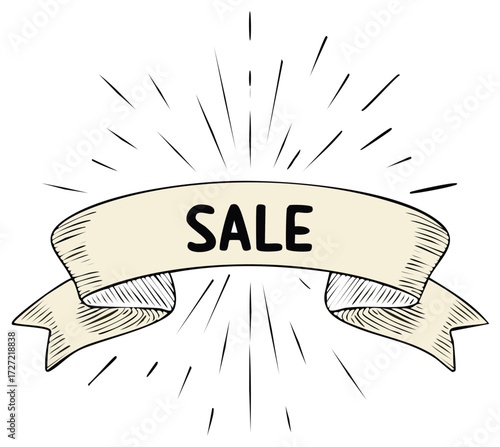 Hand-drawn ribbon with Sale text and light beams for business promotion or advertising campaign