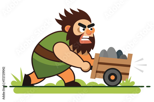 Cartoon Caveman Pulling Wooden Cart Filled With Rocks on Green Grass Illustration