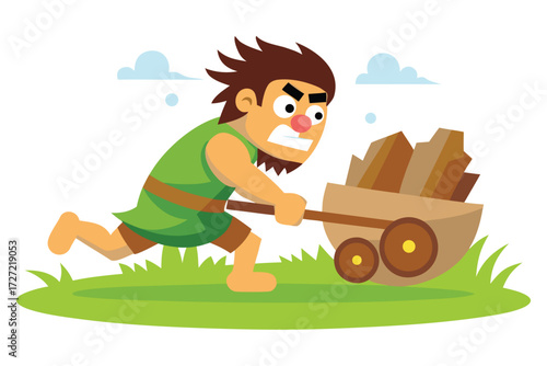 Cartoon Caveman Pulling Cart Loaded with Rocks on Green Grass, Clouds Background