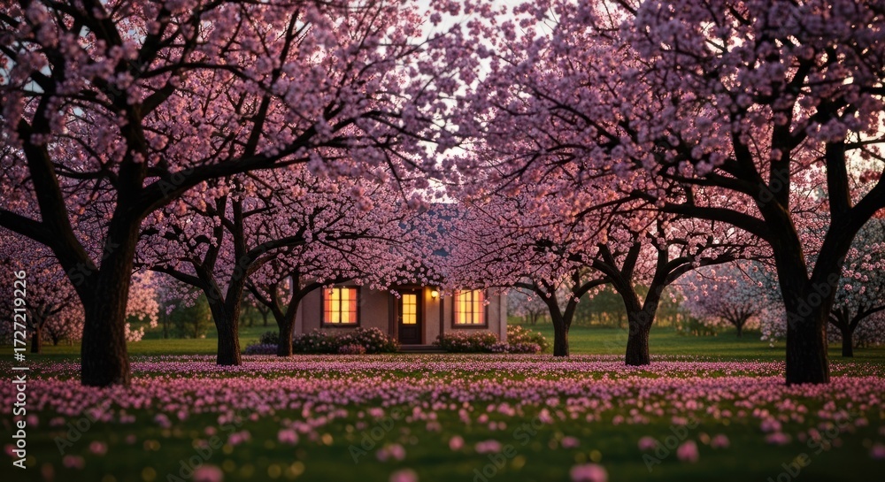Naklejka premium Blossom-lined path leads to cozy home bathed in warm light at dusk