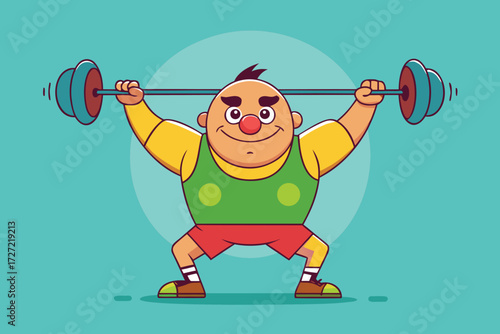 Cartoon Character with Red Nose and Round Eyes Lifting Barbell Over Head Illustration