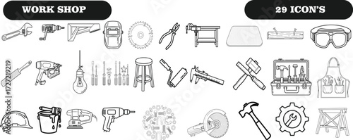 Workshop icons showcase various tools and equipment outline